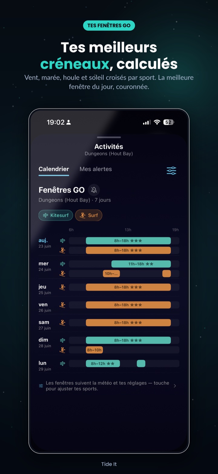 Calendrier des fenêtres GO sur 7 jours, notées par étoiles, par sport