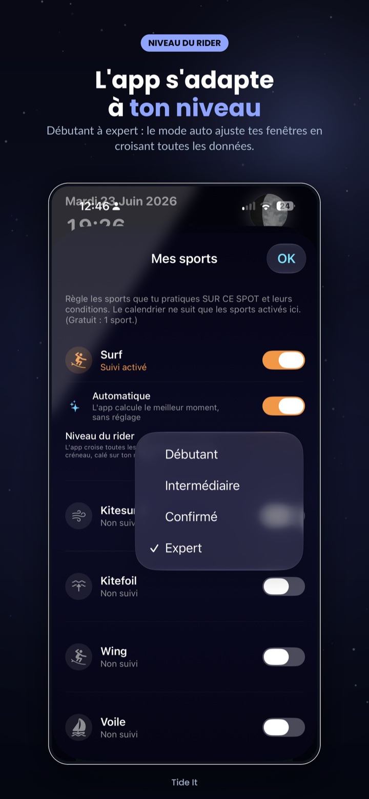 Réglages par sport et par niveau de rider