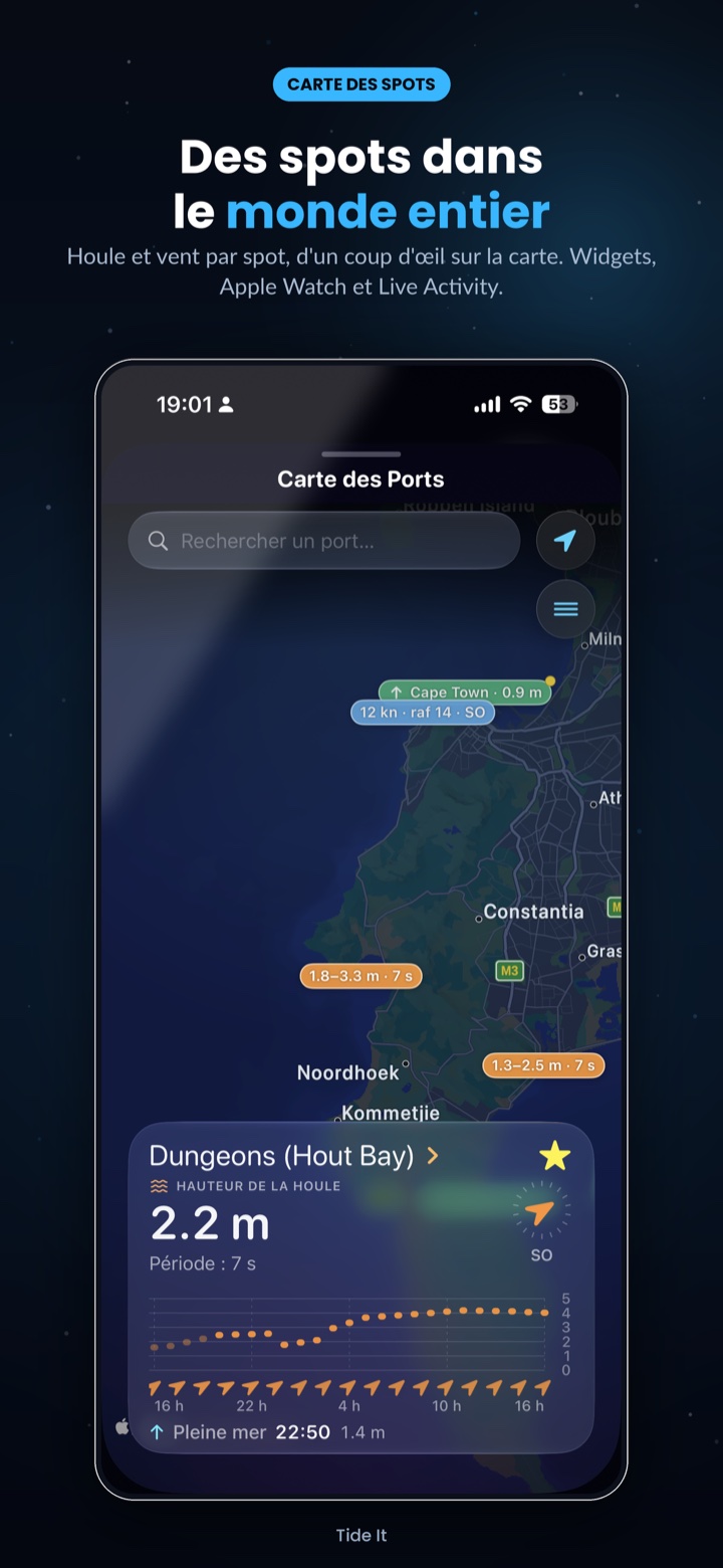 Carte mondiale des ports, balises de vent et spots de surf