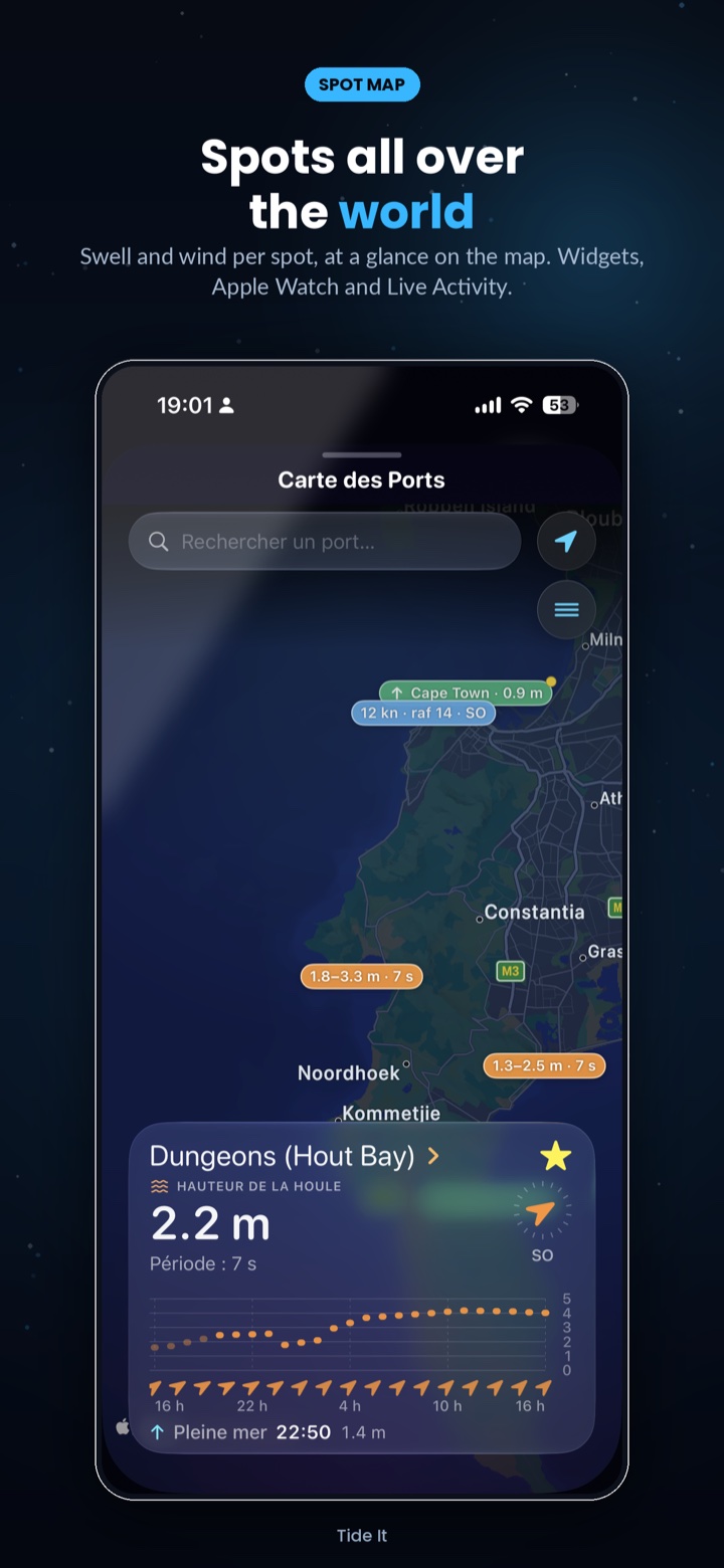 World map of ports, wind stations and surf spots